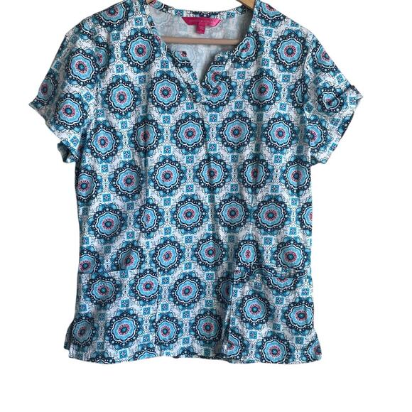 Beyond Scrubs Women Scrub Top L Blue Medallian‎ Medical Uniform Nurse Workwear - Picture 1 of 9